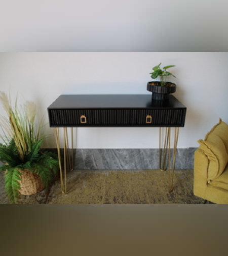 קונסולה 2 מגירות צבוע באפוקסי שחור עם רגליים סטנליסטיל זהב