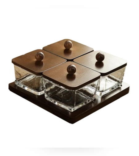 סט רביעיית הגשה מרובע מזכוכית ומכסה עץ 20*20*9