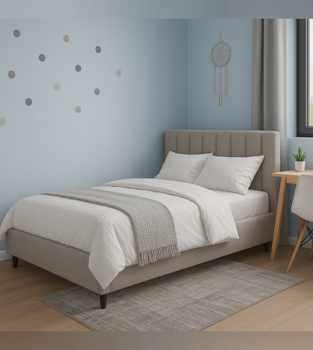 מיטה מרופדת מעוצבת בגוון אפור בהיר – דגם שקד