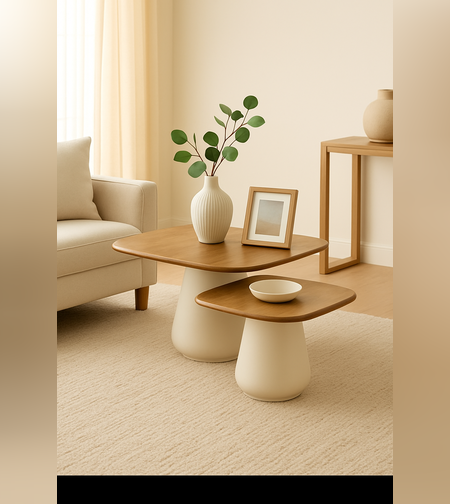 סט שולחנות סלון אורגניים מעץ מנגו – עיצוב מודרני בצבע טבעי