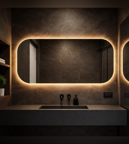 מראה מלבנית מעוגלת עם תאורת LED היקפית