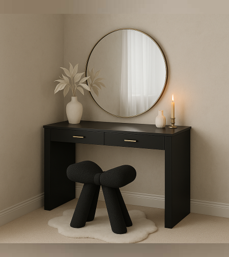 שידת איפור יוקרתית בשחור מט עם מראה עגולה בגימור זהב