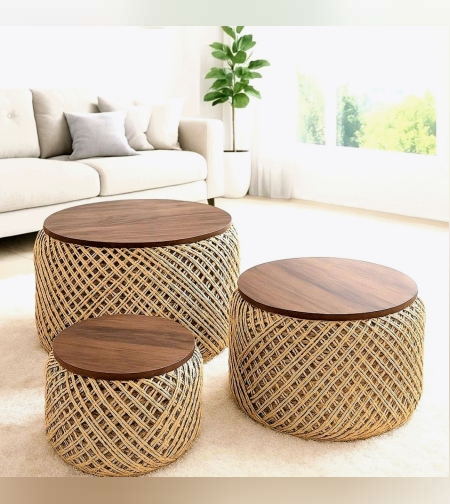 סט 3 שולחנות סלון ראטן עם משטח עץ