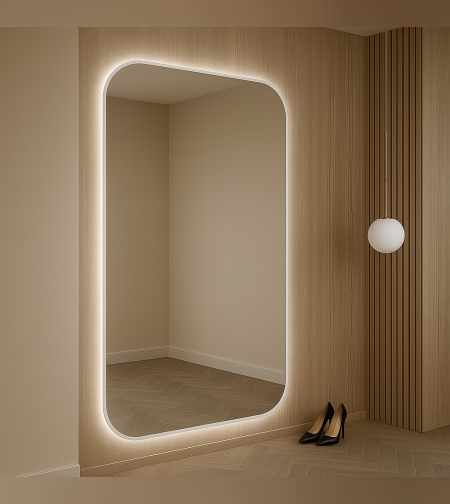 מראת גוף יוקרתית עם תאורת LED היקפית – דגם קשת פינות מעוגלות