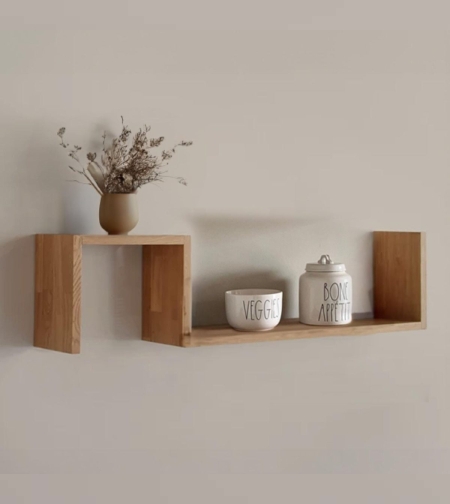 מדף צף עץ מלא בצורת ח כפול