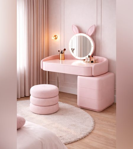 שידת איפור מעוצבת עם מראה וכיסא בצבע ורוד דגם ברבי (- הזמנה מוקדמת)