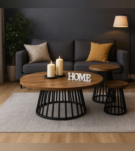 סט 3 שולחנות סלון עגולים – עץ טבעי עם רגלי מתכת שחורות