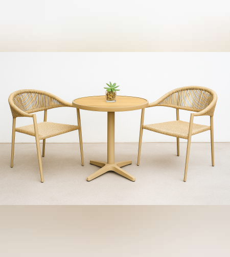 סט ביסטרו אלומיניום 3 חלקים – שולחן עגול עם 2 כסאות ראטן