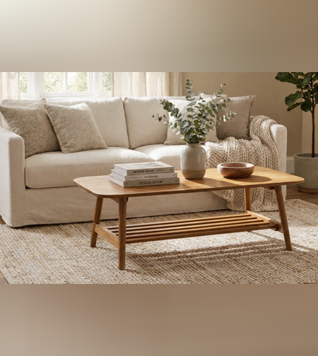 שולחן סלון מעץ מלא דגם 1096 בעיצוב מודרני טבעי עם מדף תחתון