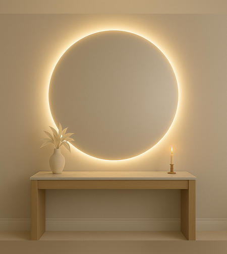 מראה עגולה יוקרתית עם תאורת LED היקפית – ללא מסגרת