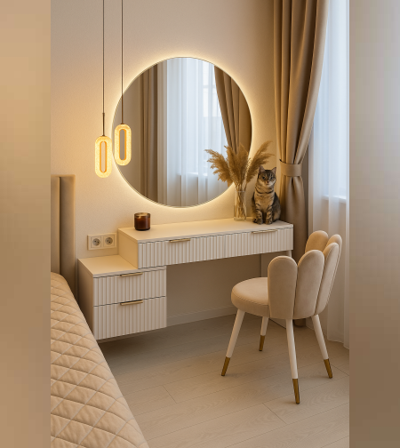 שידת איפור מעוצבת עם מראה עגולה