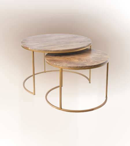 סט שולחנות עגולים נחושת ועץ