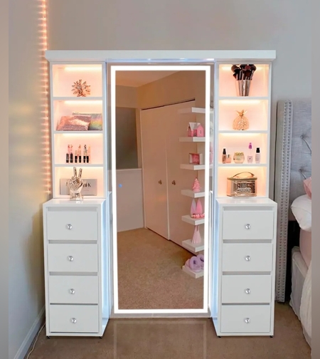 מראה עם תאורת LED ומגירות איפור – רהיט מעוצב לחדר שינה או חדר נערה-דגם ברבי