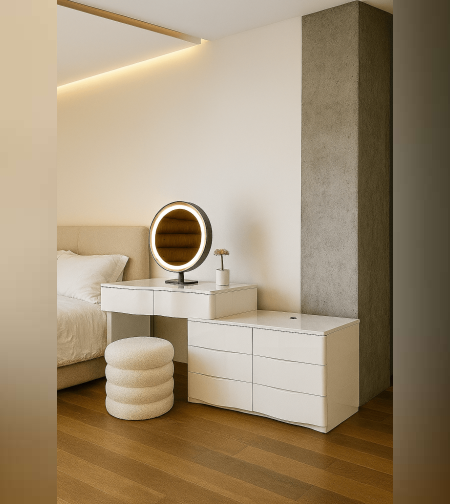 שידת איפור לבנה עם מראה LED ומשטח דמוי שיש והדום-דגם ליאן