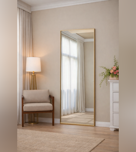 מראה רצפתית דקה עם מסגרת זהב – עיצוב אלגנטי