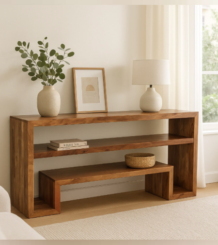 שידת עץ מנגו מעוצבת – מדפים פתוחים