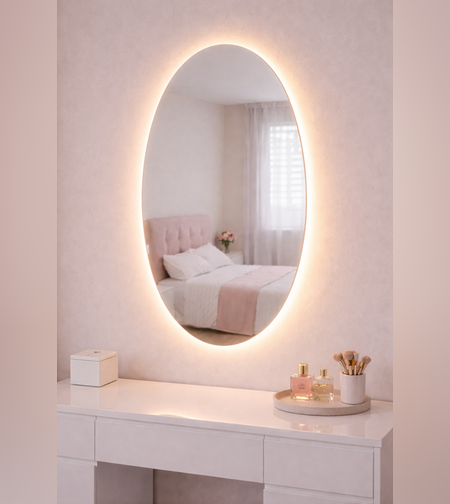 מראת לד אובלית בעיצוב רך – תאורה אחורית בגוון חם