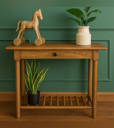 קונסולת עץ מלא בעיצוב כפרי עם מגירה ומדף תחתון