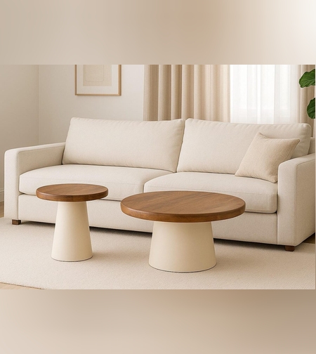 סט 2 שולחנות סלון עגולים – עץ טבעי בשילוב בסיס בהיר