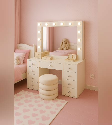 שידת איפור איכותית דגם אמיליה בעיצוב קלאסי – כולל מראה מוארת, הדום מרופד,(הזמנה מוקדמת)