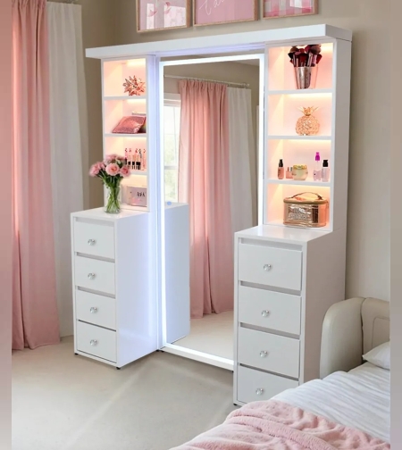 מראה עם תאורת LED ומגירות איפור – רהיט מעוצב לחדר שינה או חדר נערה-דגם ברבי(הזמנה מוקדמת)