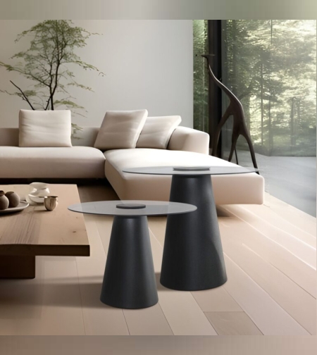 סט 2 שולחנות סלון עגולים רגל מתכת ופלטת זכוכית בצבע שחור