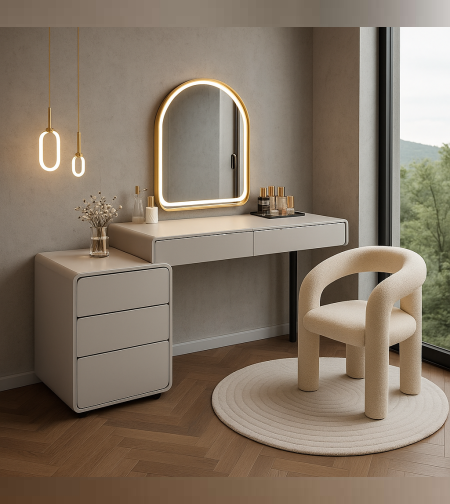 פינת איפור שמנת הכוללת כסא בוקלה +מראה מודרנית - דגם עדי