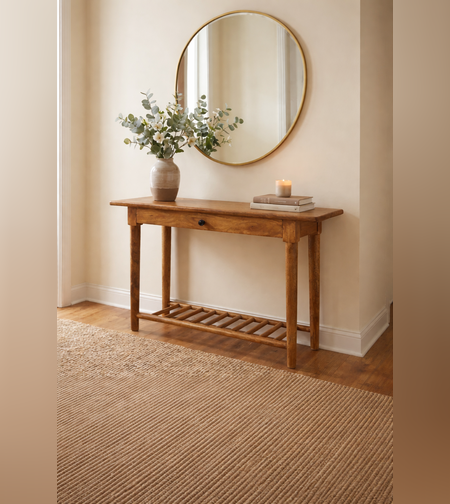 קונסולה מעץ מנגו טבעי עם מגירה ומדף תחתון