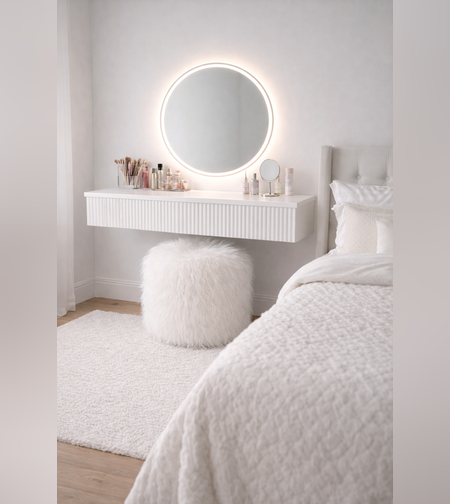 קונסולת איפור מרחפת עם מראה LED והדום פרווה