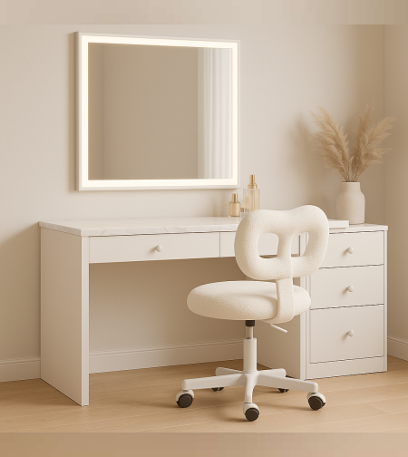 כיסא משרדי/איפור מעוצב בבד בוקלה (Bouclé) לבן