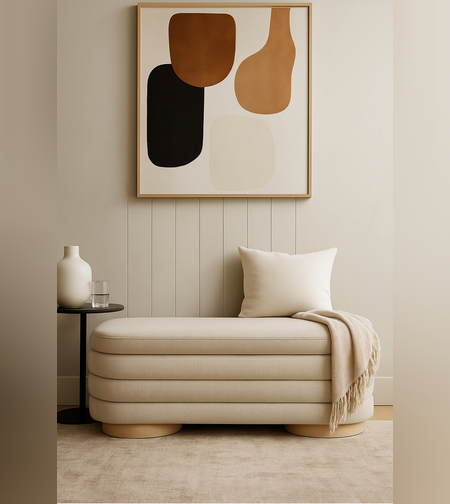 ספסל בד בוקלה בעיצוב מודרני בגוון שמנת