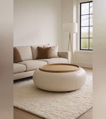 שולחן סלון עגול עם אחסון – עיצוב מודרני עם מכסה עץ