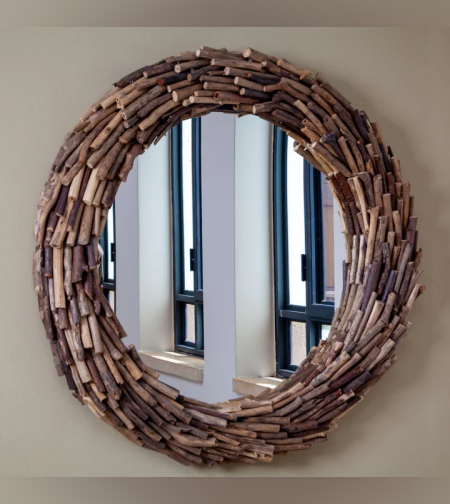 מראה עגולה מעץ טיק דגם קרן קוטר 85