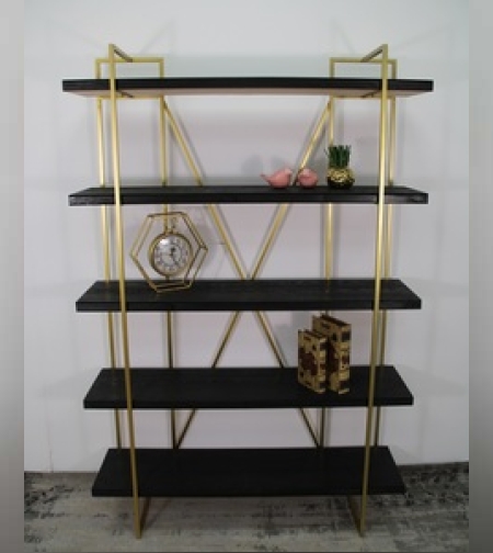 ספרייה בעלת 5 מדפי עץ אלון בצבע שחור ורגלי מתכת בזהב שנותנת עיצוב אלגנטי ונקי לחלל הבית והמשרד. מידות: 120/34/180ס