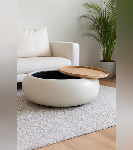 שולחן סלון עגול עם אחסון – עיצוב מודרני עם מכסה עץ