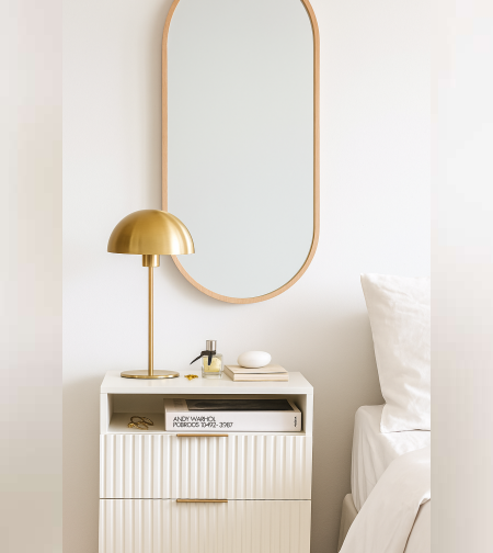 שידת צד לחדר שינה בעיצוב מודרני ונקי,