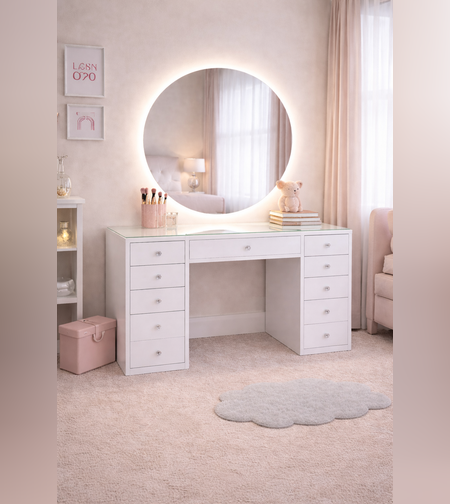 שידת איפור מעוצבת עם מראה עגולה ותאורת LED דגם אלכס