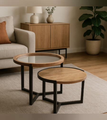 סט שולחנות עגולים עץ וזכוכית