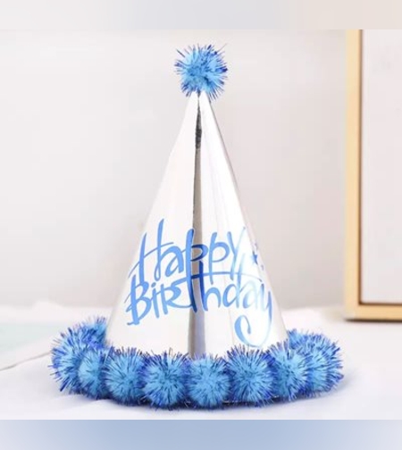 כובע קונוס פונפונים כסף כחול