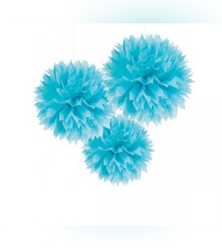קישוט פונפון מנייר לתלייה 3 יח - תכלת