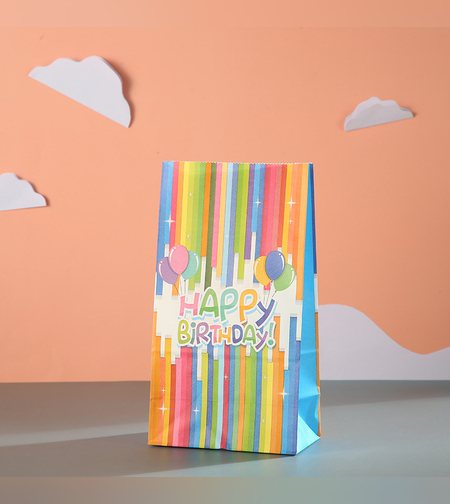 שקית נייר 8*13*24 - HAPPY BIRTHDAY רקע פסים צבעוני