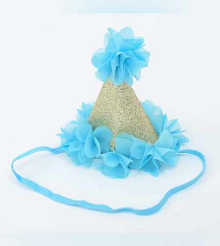 כובע מיני זהב גליטר פרחים כחולים PVC