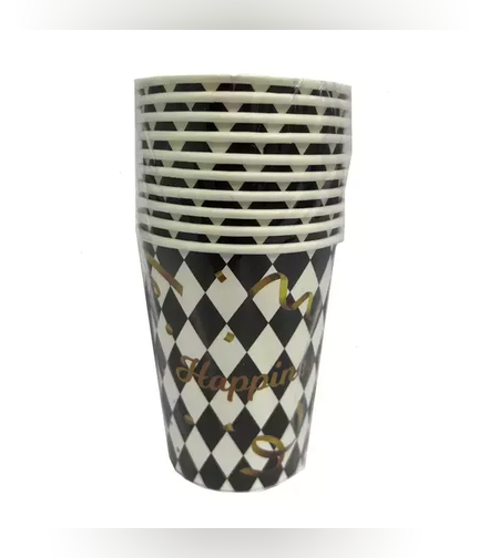 חב' 10 כוסות נייר-שחור/לבן HAPPINESS