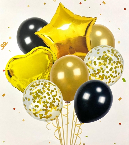 סט זר בלונים לקישוט / מילר גומי+קונפטי שחור זהב 8יח
