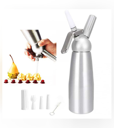 סיפון / מכשיר קצפת צבע כסוף ראש מתכת + 3 צנטרים ומברשת ניקוי 1000 מ