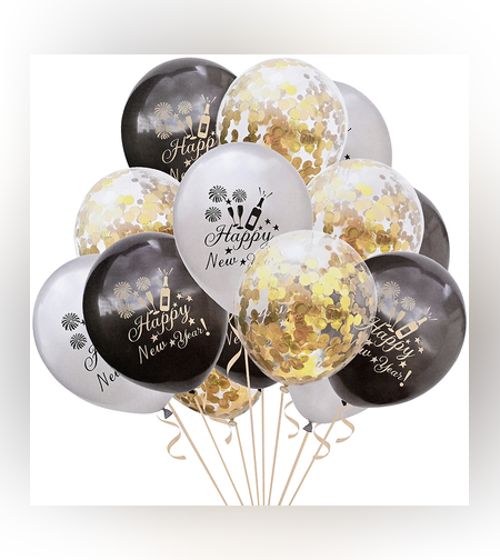סט בלונים שנה חדשה שחור כסף קונפטי זהב 12 יח'