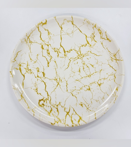 צלחת פלסטי ק.38 ס'מ-שיש לבן/זהב