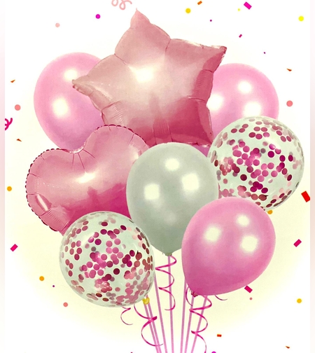 סט זר בלונים לקישוט /מיילר גומי+קונפטי ורוד 8 יח