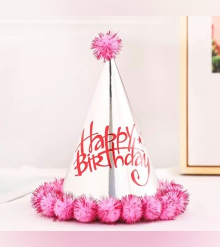 כובע קונוס פונפונים ורוד כסף