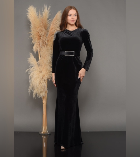 שמלת ערב קטיפה משולבת אבנים דגם lızı